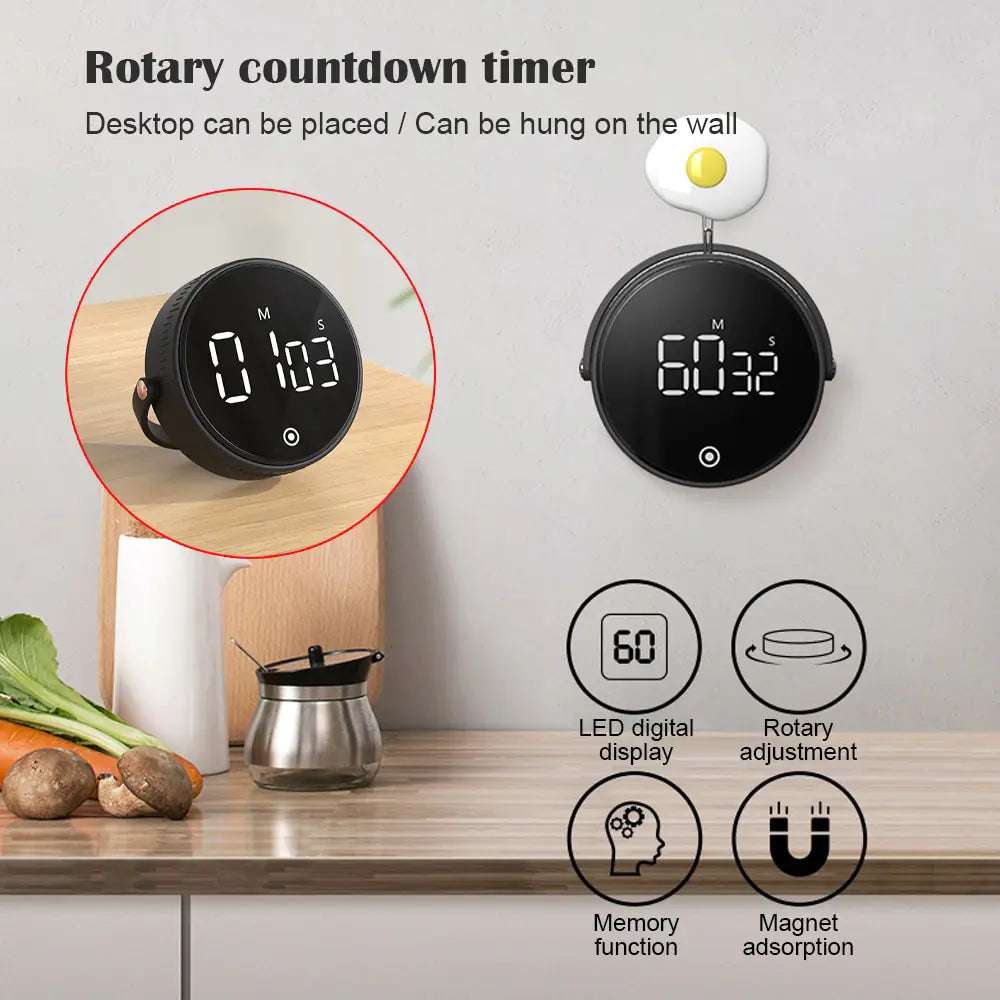 Digital Timer Magnetic Electronic Cooking Countdown Clock LED Mechanical Remind Alarm.